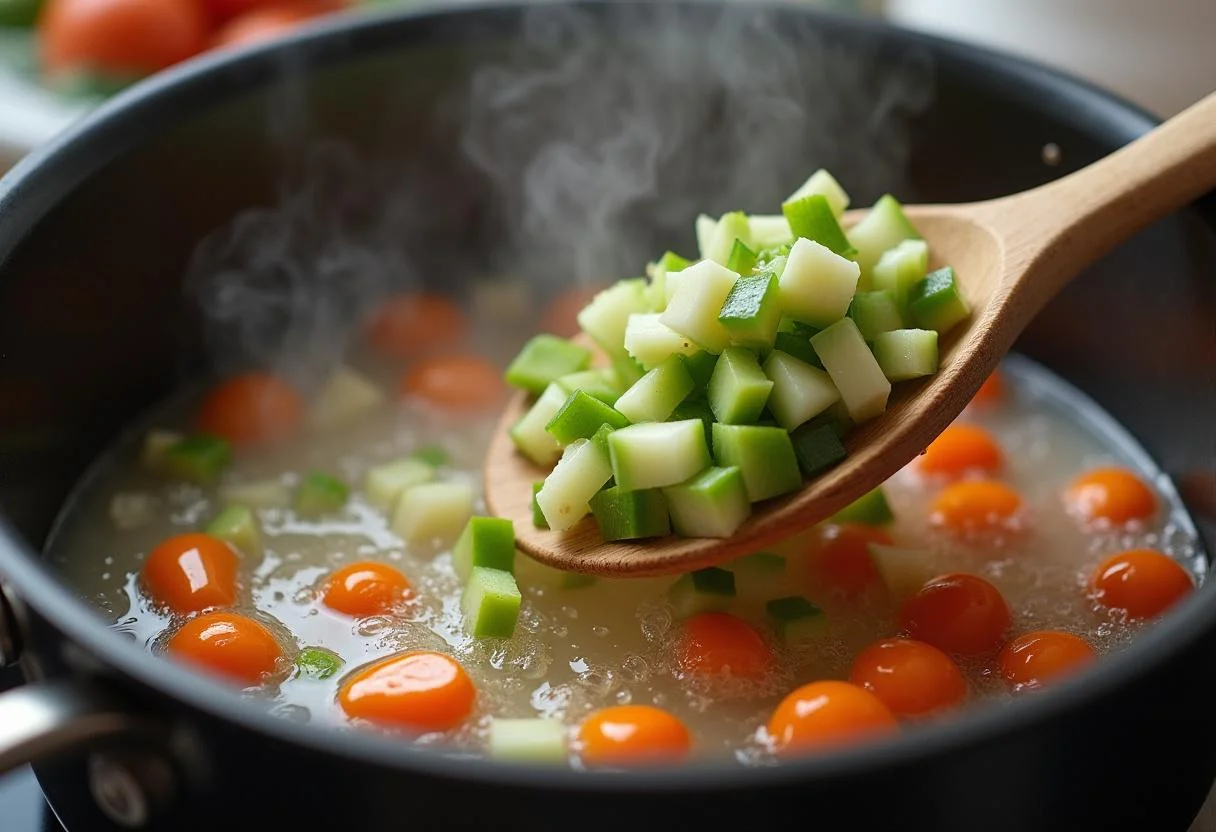 Verduras añadidas a la olla para cocinar Sopa de Verduras y Fideos.