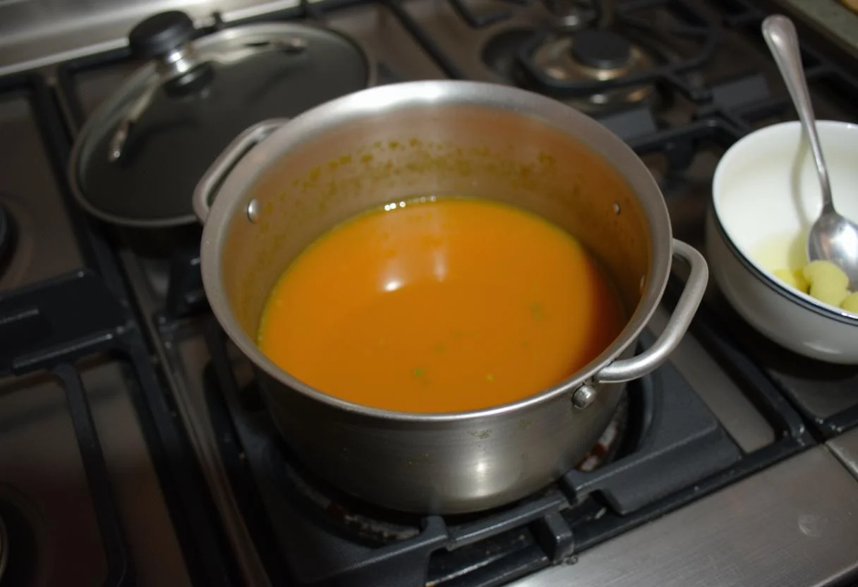 Olla de Sopa de Verduras y Fideos cocinándose a fuego lento en la estufa.