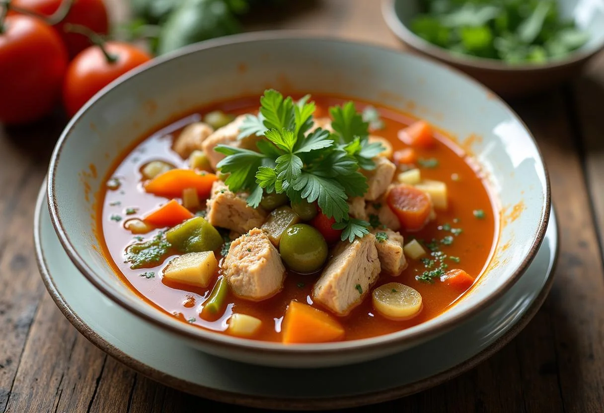 Deliciosa Sopa de Verduras y Pollo lista para disfrutar, mostrando los vibrantes colores e ingredientes.