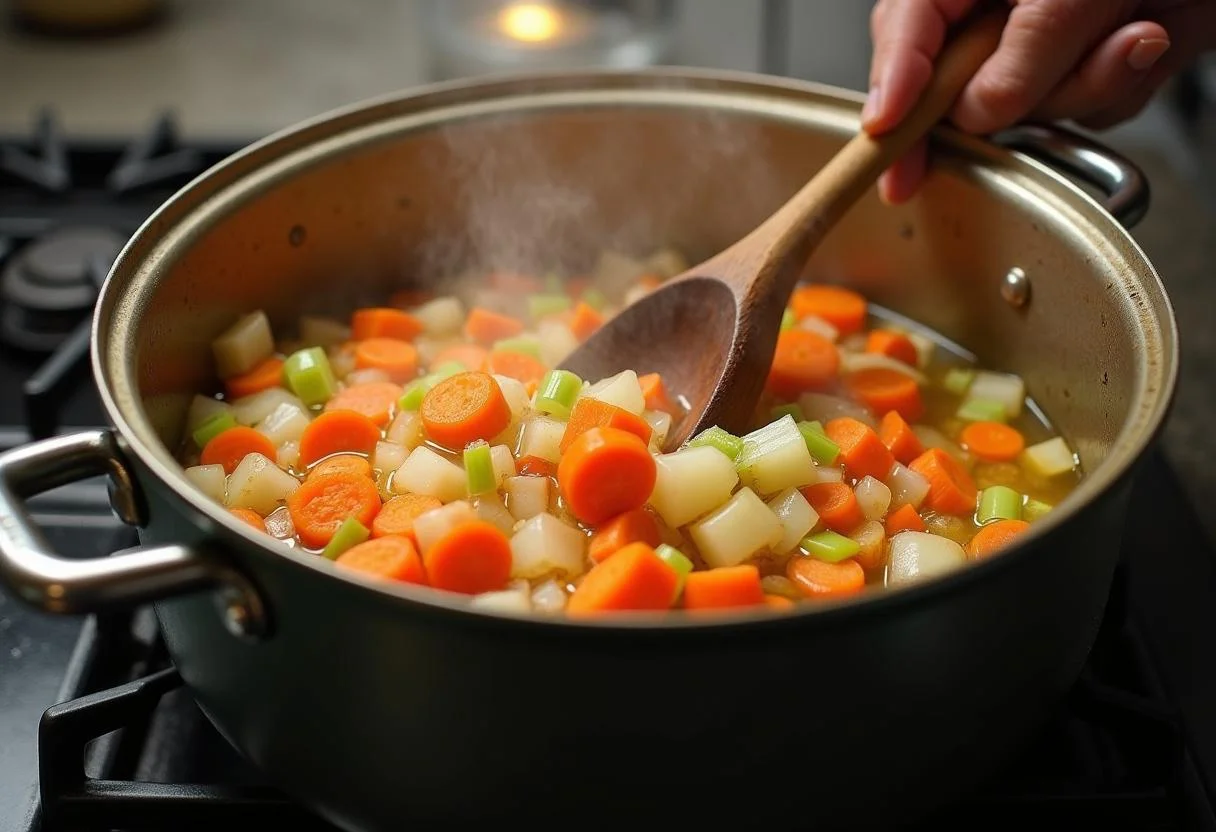 Verduras sofriéndose en una olla para Sopa de Verduras y Pollo.