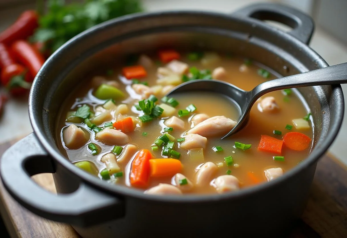 Caldo cociéndose a fuego lento con pollo y verduras en Sopa de Verduras y Pollo.