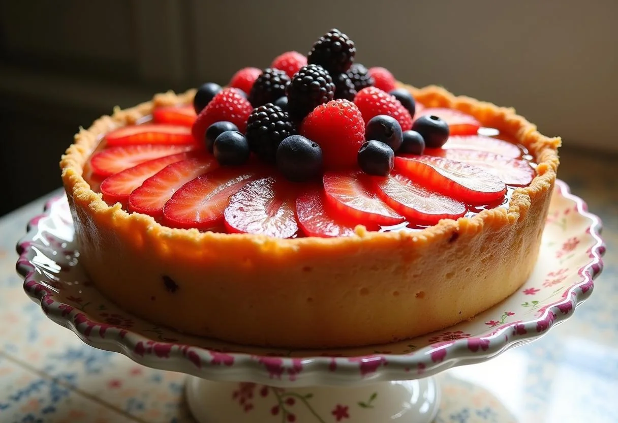 Tarta de Frutas Frescas lista para ser servida, mostrando colores vibrantes y un acabado brillante.