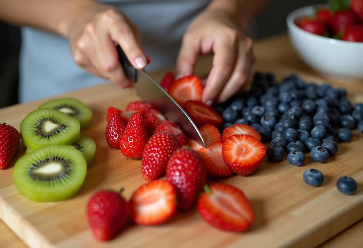 Preparando frutas frescas como fresas, kiwis y arándanos para la Tarta de Frutas Frescas.