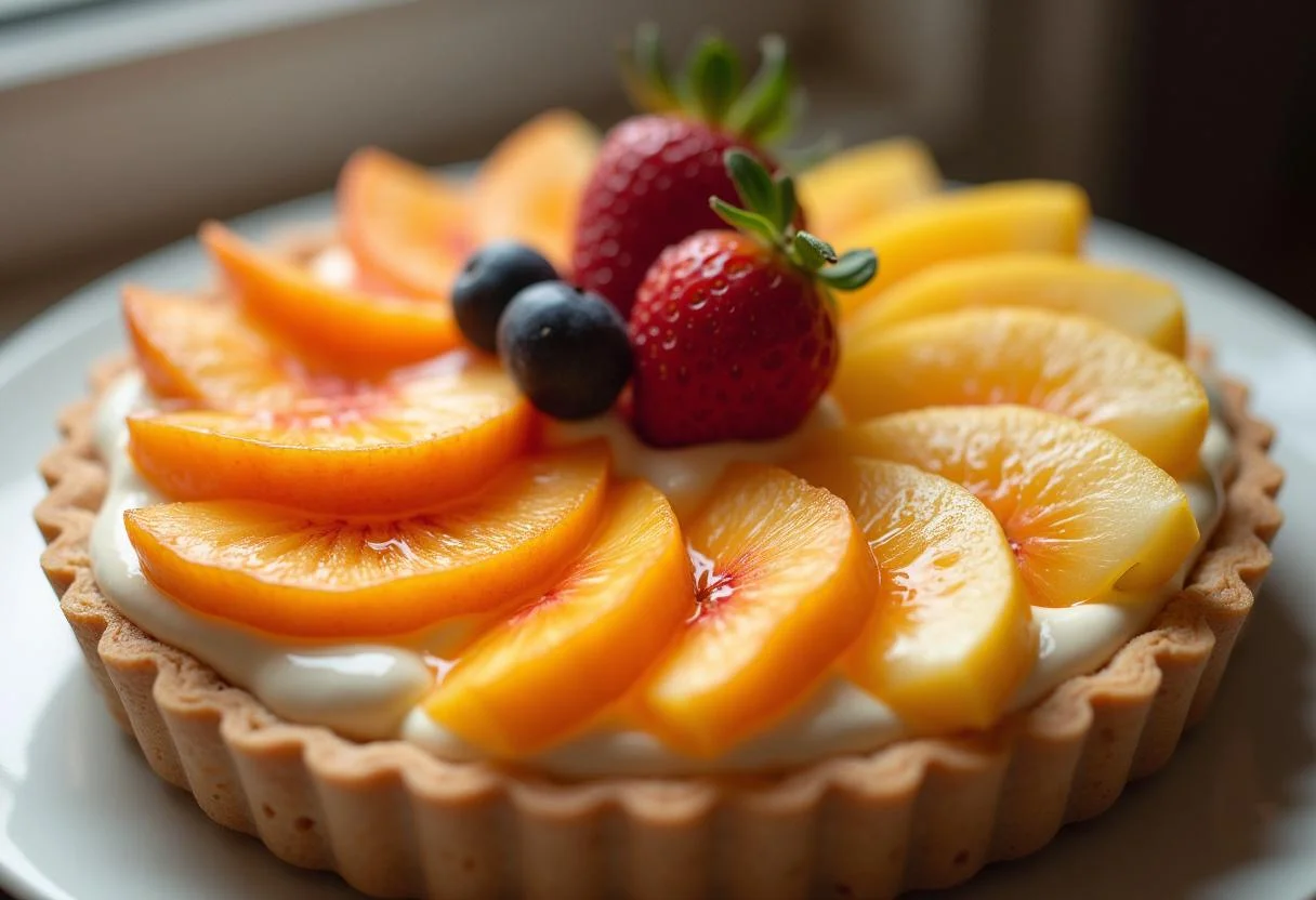 Colocación artística de frutas frescas sobre la mezcla en la Tarta de Frutas Frescas.