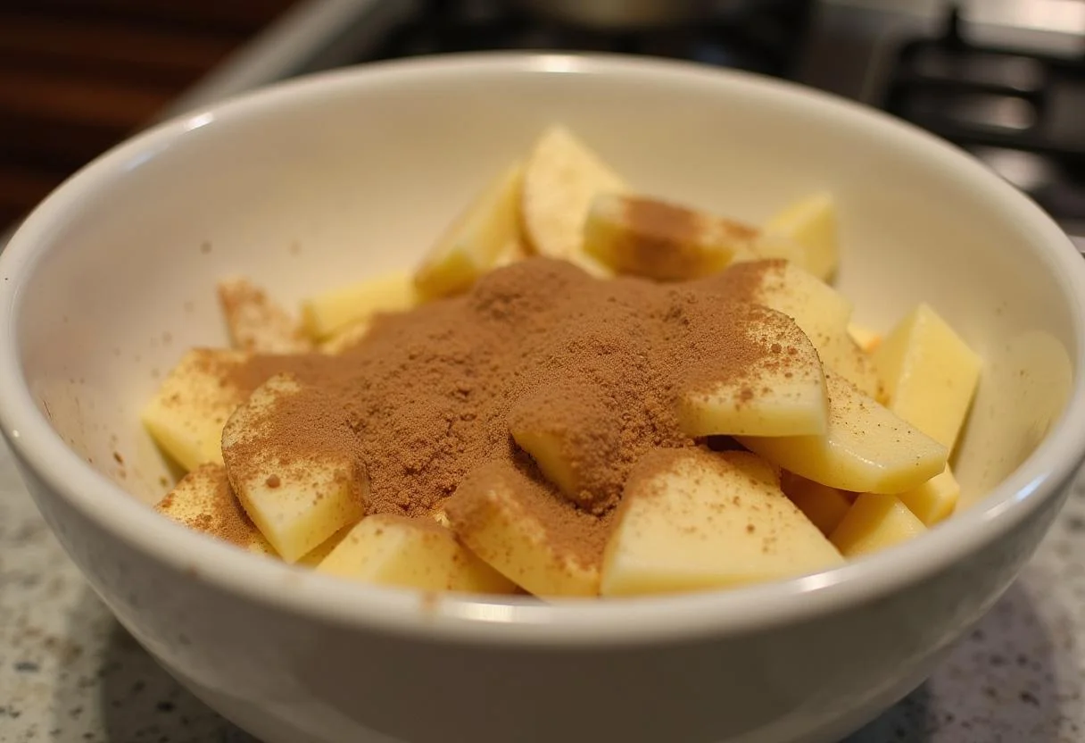 Manzanas rebanadas mezcladas con canela y azúcar para la Tarta de Manzana y Canela.
