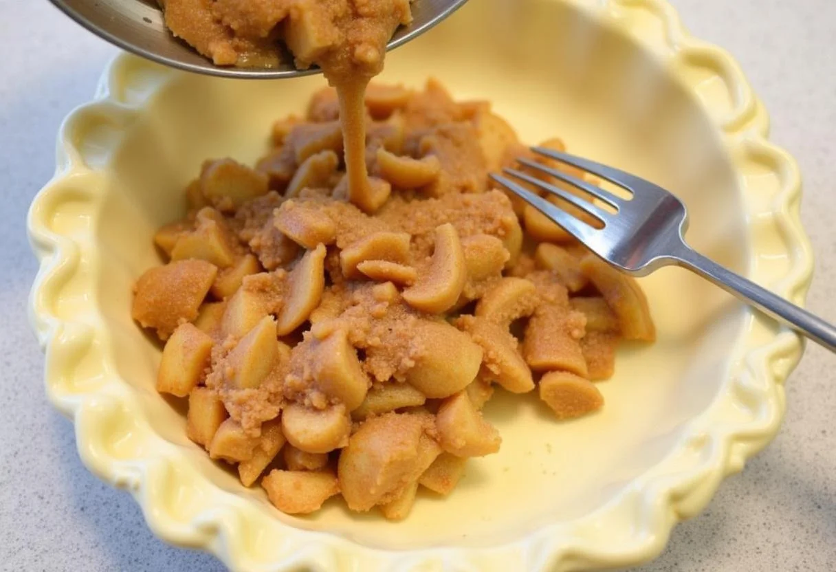 Mezcla de manzanas con canela siendo colocada en la masa de la Tarta de Manzana y Canela.