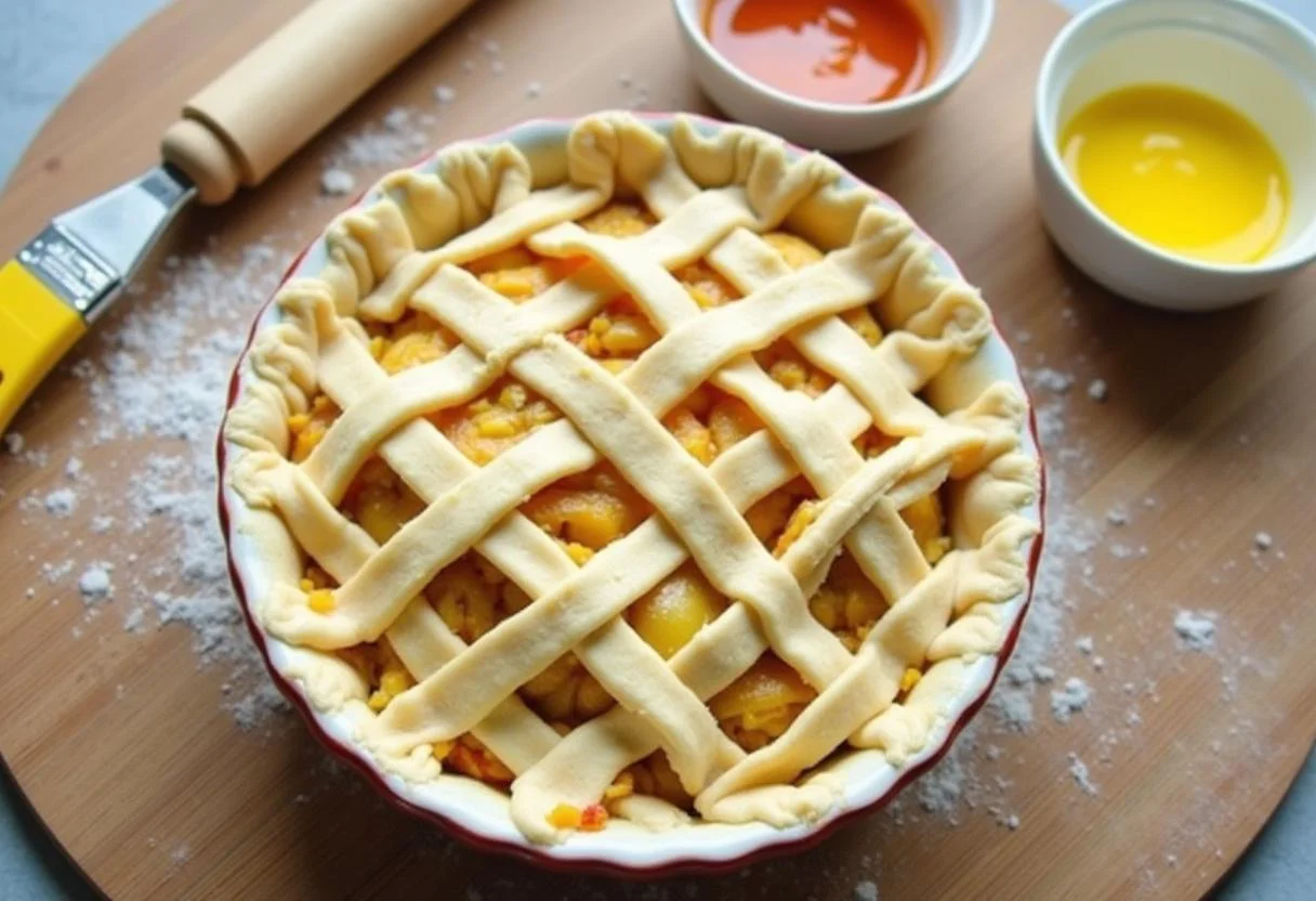 Cubriendo la tarta con una corteza trenzada para la Tarta de Manzana y Canela.