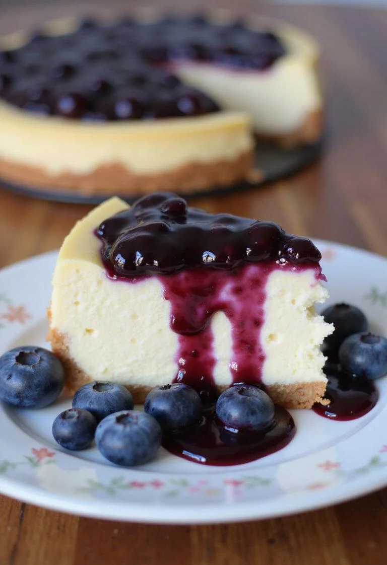 Tarta de Queso y Arándanos finalizada, decorada con salsa de arándano y arándanos frescos.