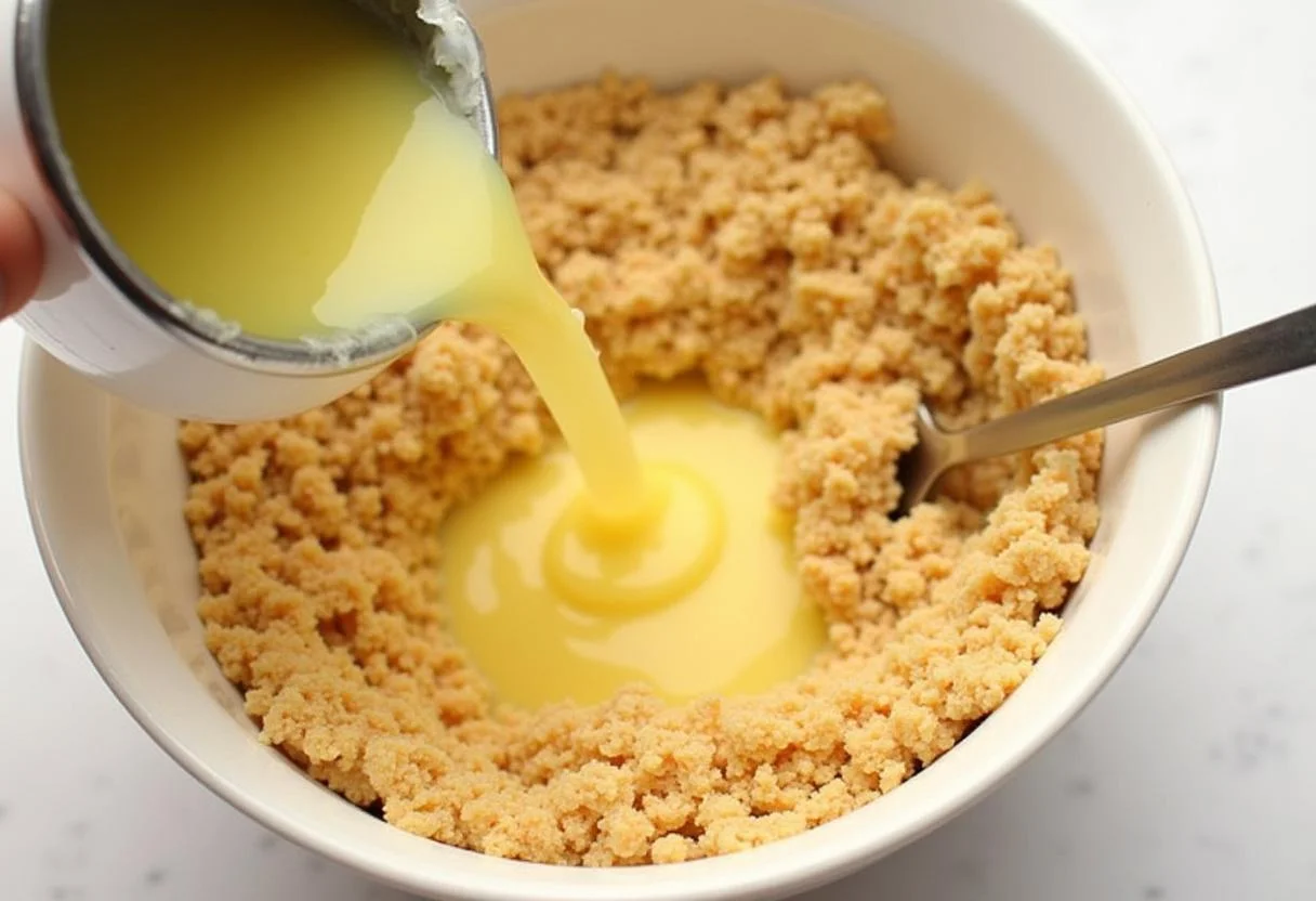 Mantequilla derretida siendo añadida a las migas de galletas graham para la base de la Tarta de Queso y Arándanos.