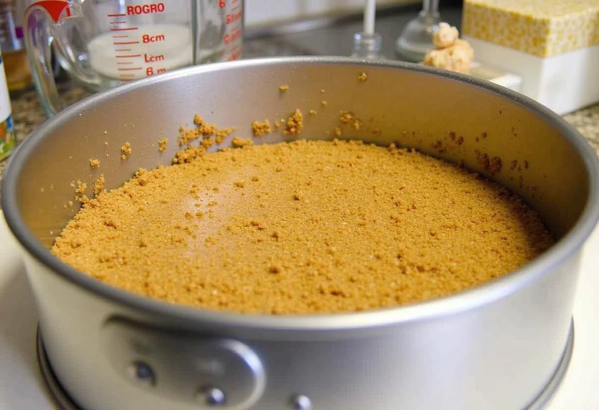Base de galleta graham compactada en un molde de tarta para la Tarta de Queso y Arándanos.
