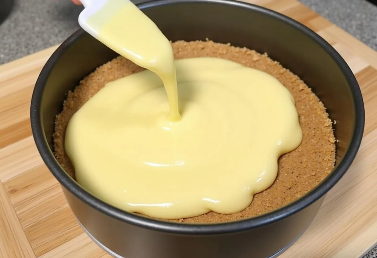 Relleno de tarta de queso vertido sobre la base de galleta graham para la Tarta de Queso y Arándanos.