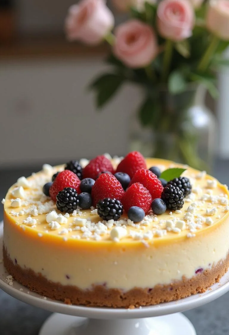 Tarta de queso y chocolate blanco terminada, decorada con virutas de chocolate blanco y bayas frescas.