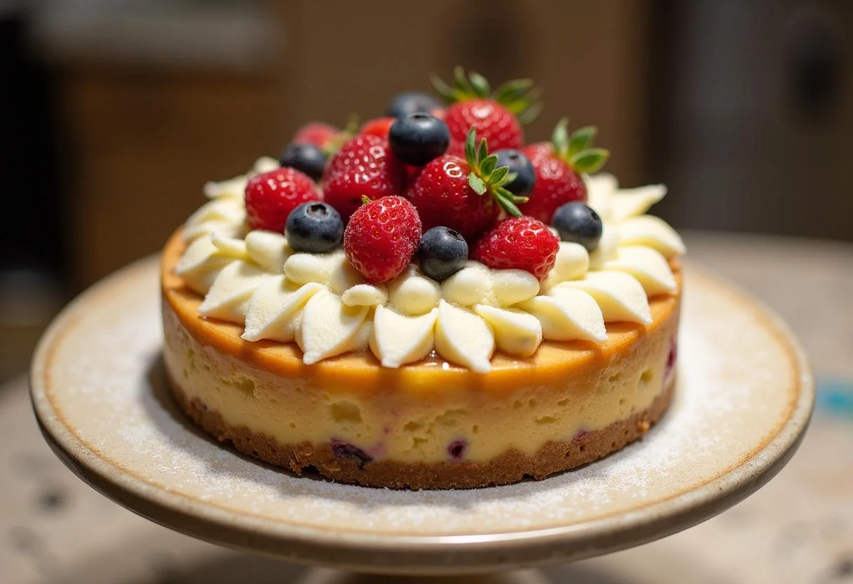 Tarta de queso y chocolate blanco terminada, decorada con virutas de chocolate blanco y bayas frescas.