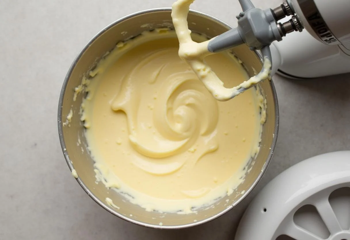 Crema de queso y azúcar mezclándose para la tarta de queso y chocolate blanco.