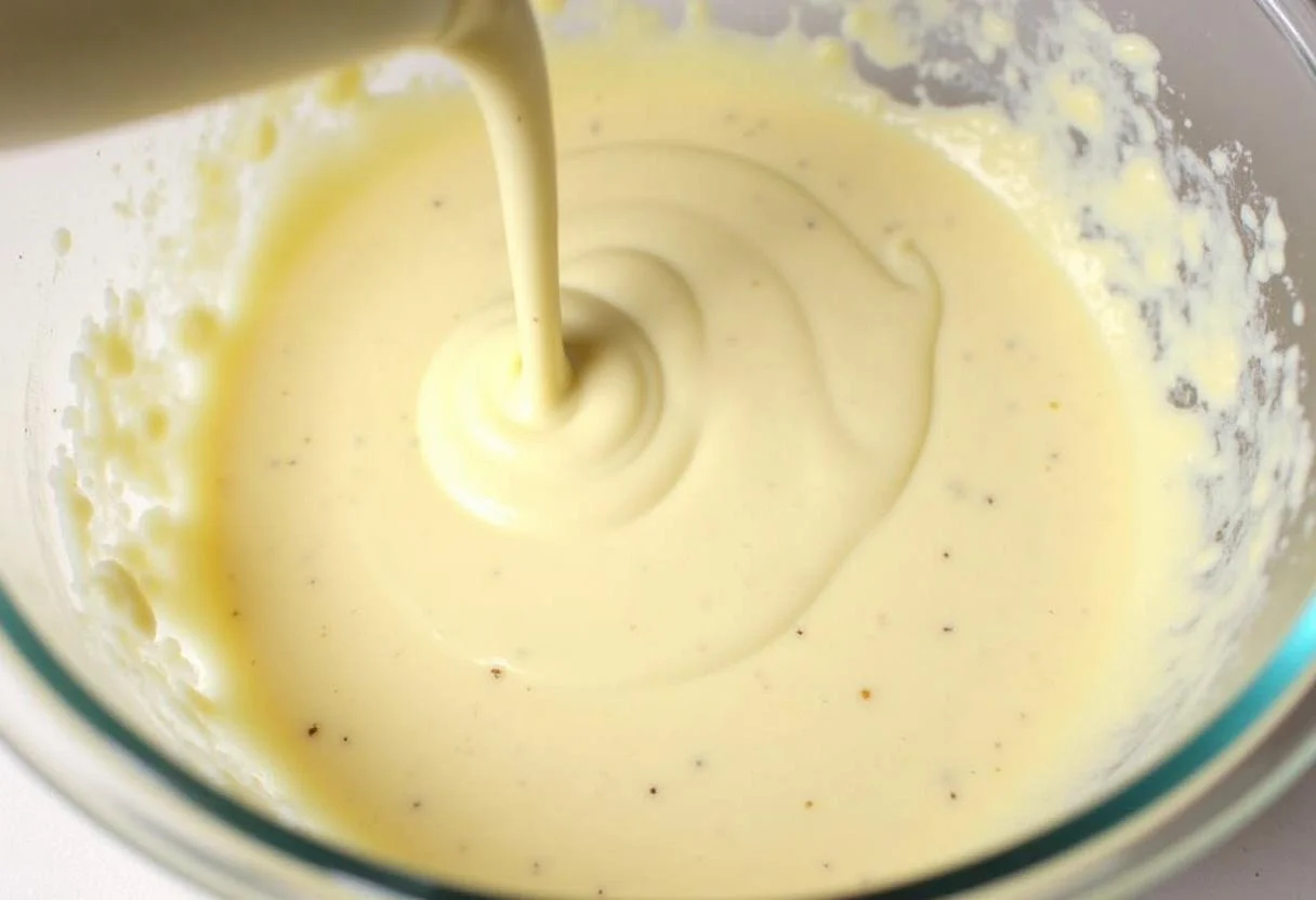 Chocolate blanco derretido siendo añadido a la mezcla de queso crema para la tarta de queso.