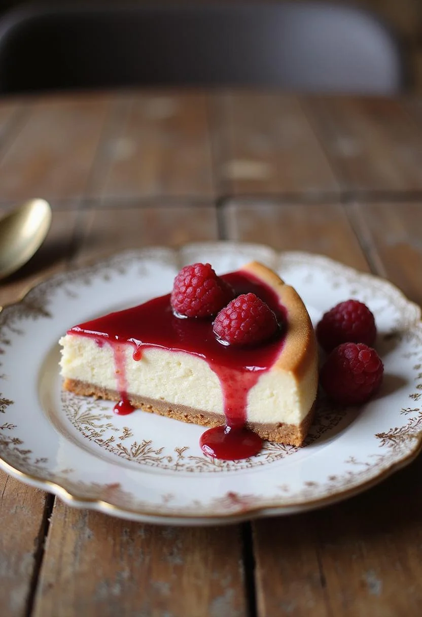Porción de tarta de queso y frambuesa decorada, lista para disfrutar.