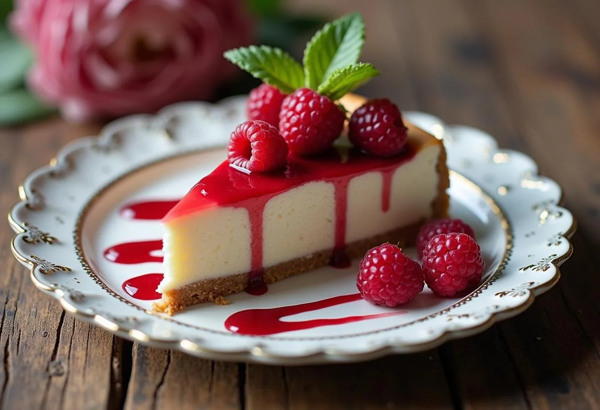 Porción de tarta de queso y frambuesa decorada, lista para disfrutar.