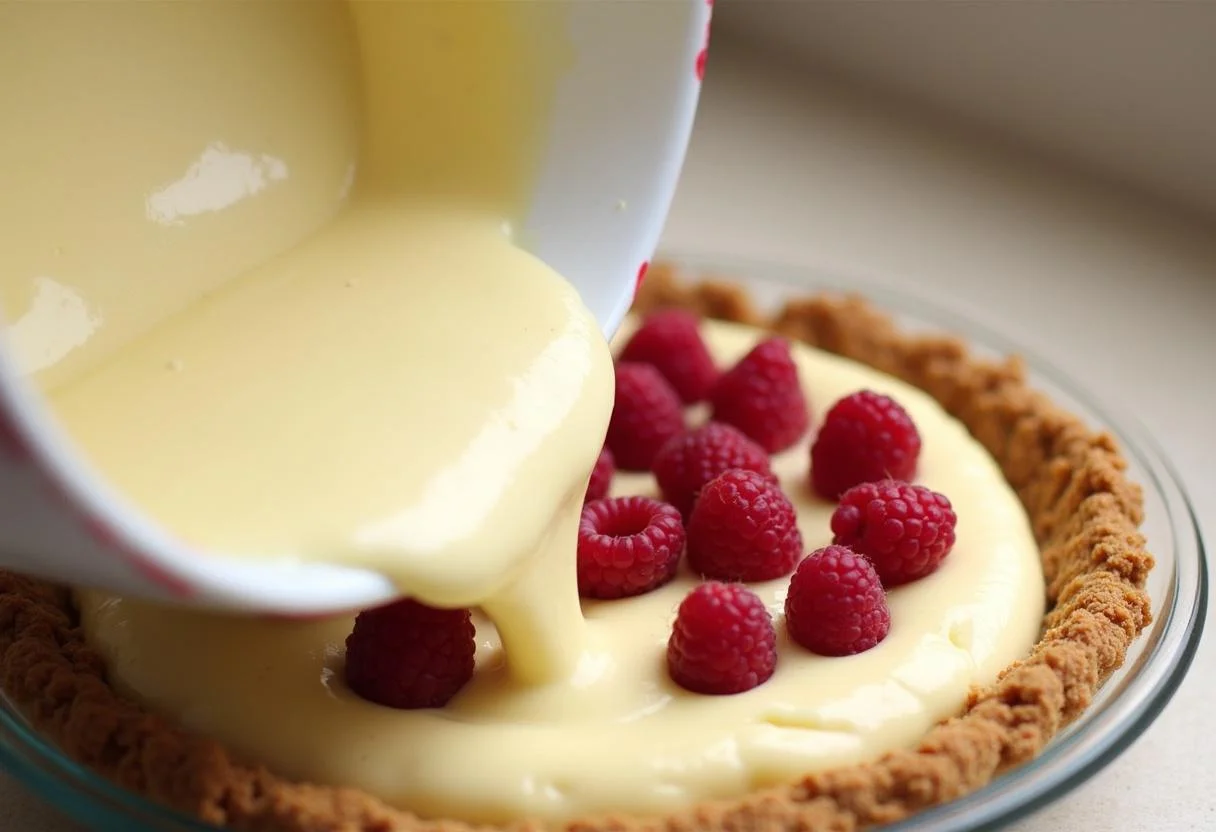 Vierta la mezcla de queso crema en la base de galleta para la tarta de queso y frambuesa.