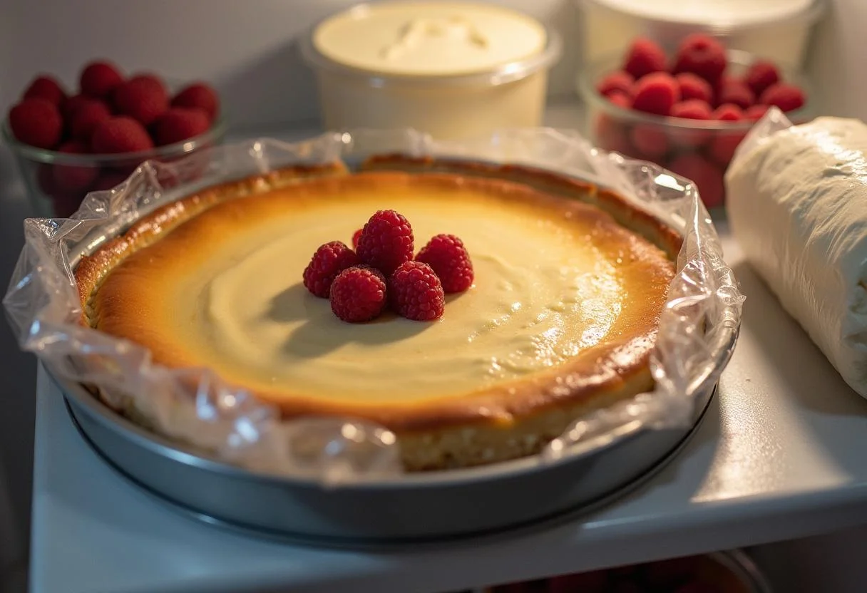 Tarta de queso y frambuesa refrigerándose antes de servir.