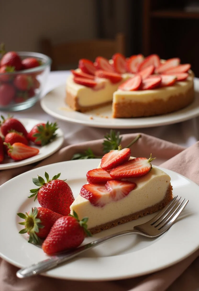 Tarta de queso y fresas terminada, lista para servir en una mesa festiva.