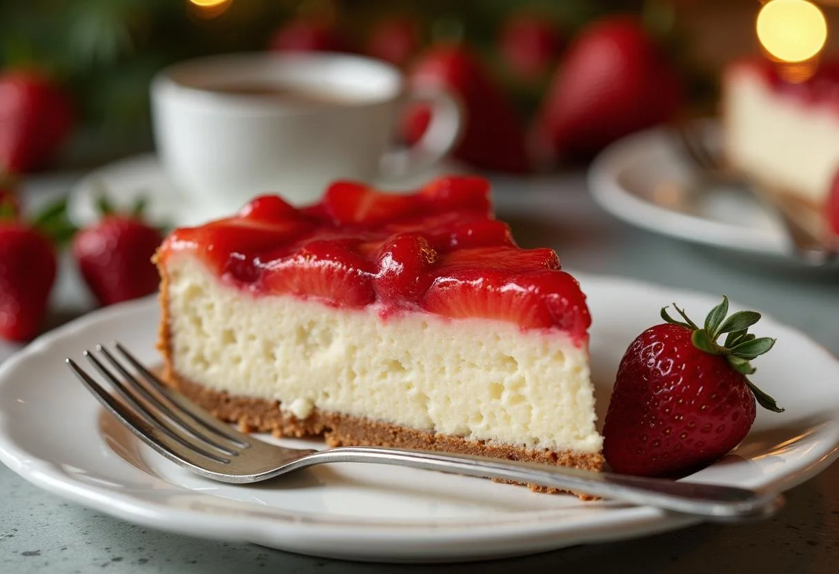 Tarta de queso y fresas terminada, lista para servir en una mesa festiva.