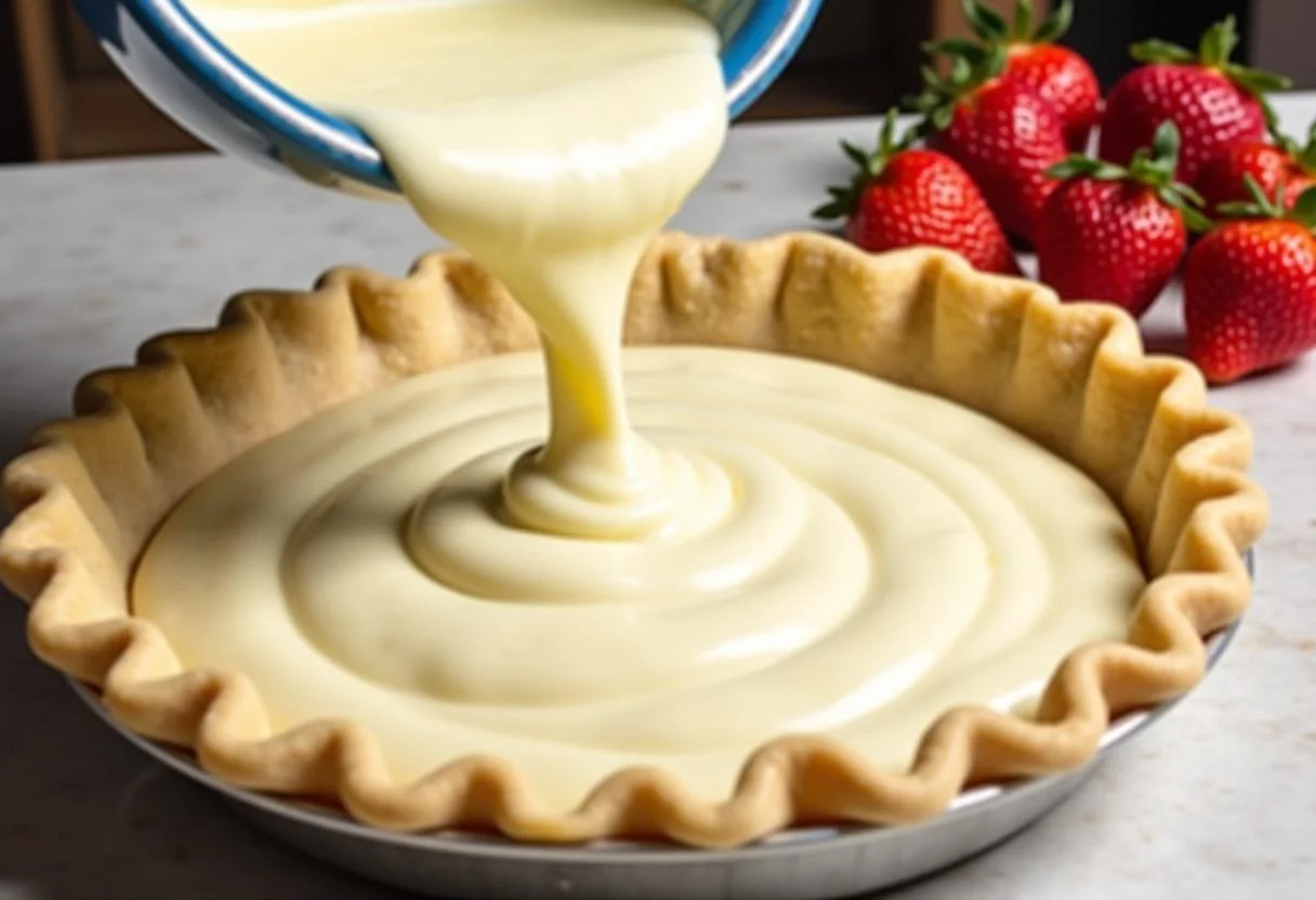 Relleno de queso crema vertido en la base de la tarta de queso y fresas.