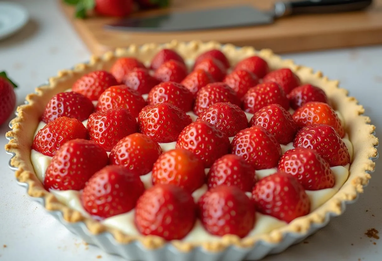 Fresas frescas en rodajas dispuestas en la tarta de queso antes de refrigerar.