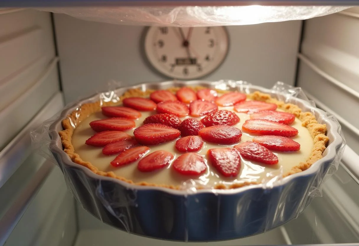 Tarta de queso y fresas lista para refrigerar antes de servir.
