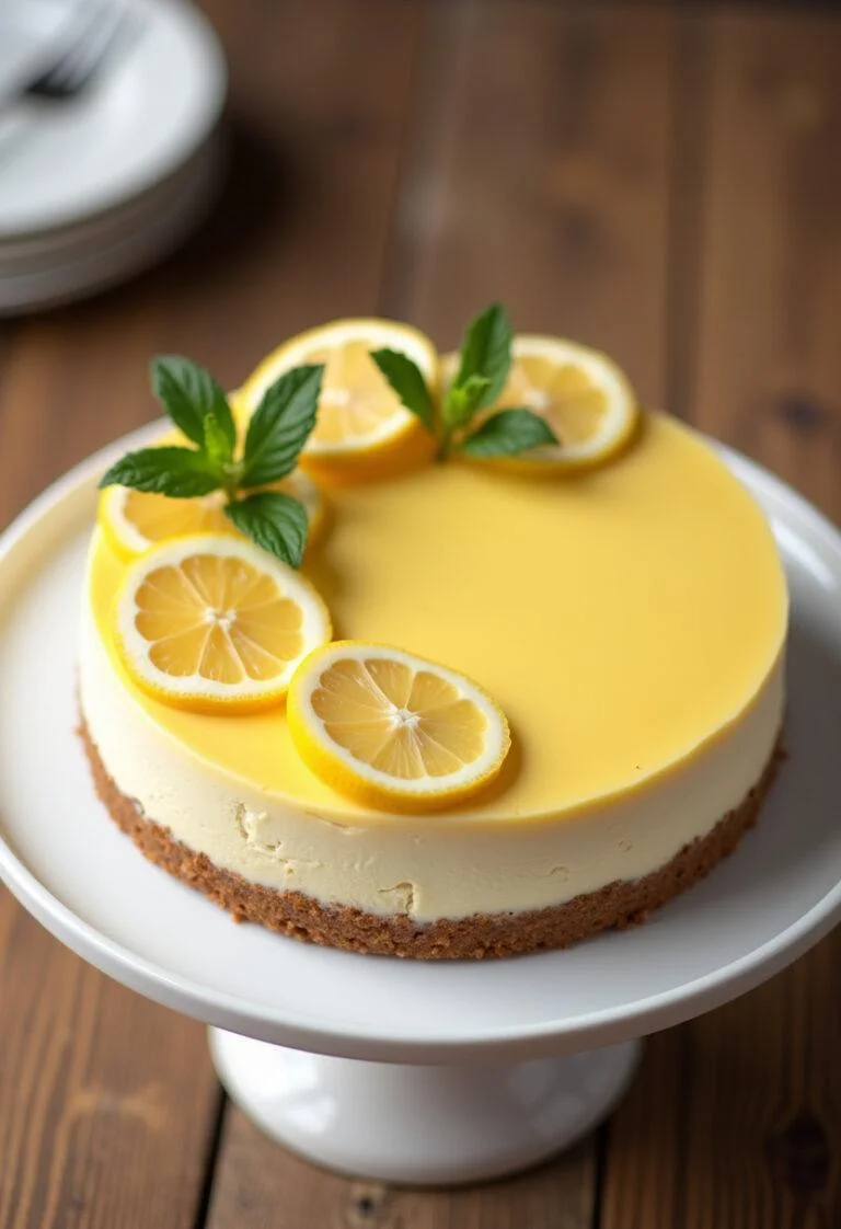 Porción de tarta de queso y limón con glaseado de limón y menta, lista para disfrutar.