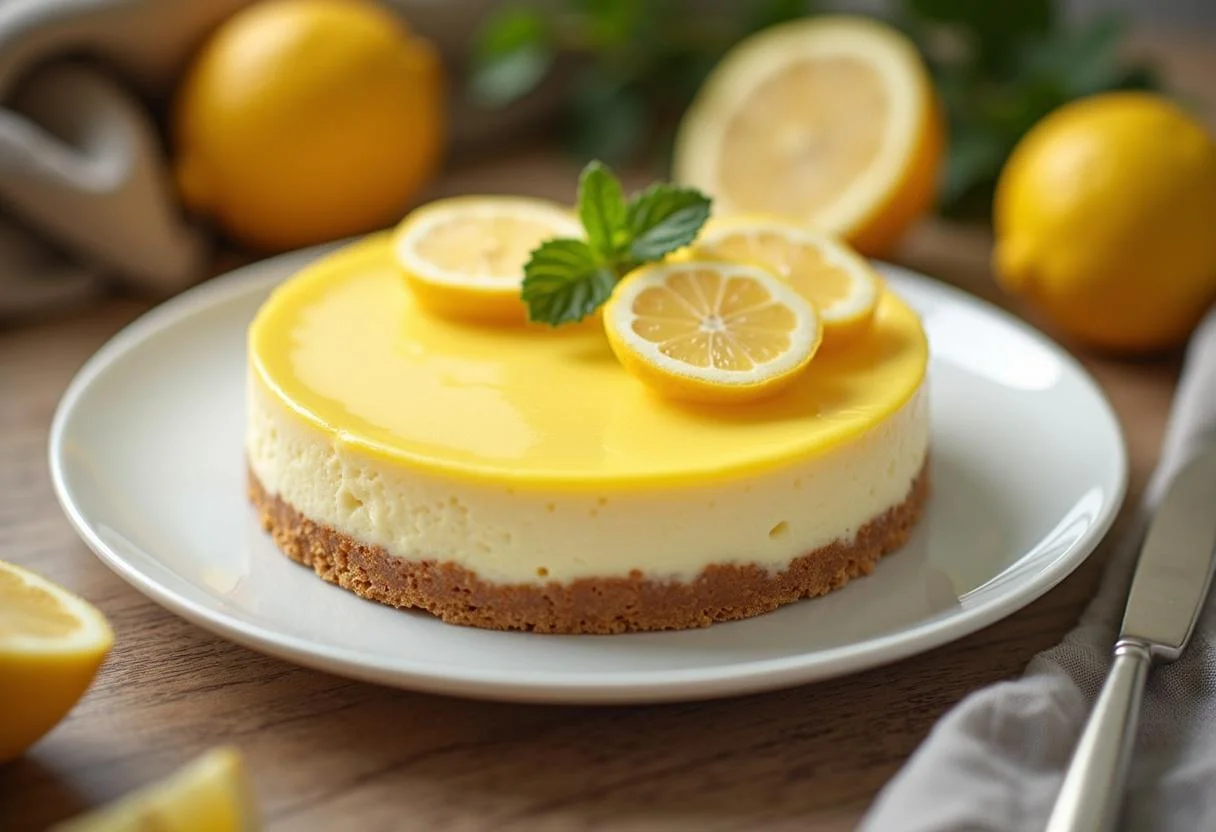 Porción de tarta de queso y limón con glaseado de limón y menta, lista para disfrutar.