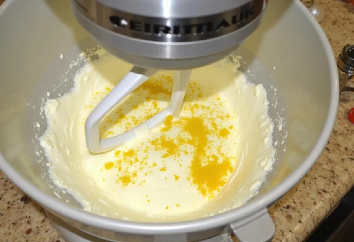 Mezcla de queso crema, azúcar y ralladura de limón para la base de la tarta de queso y limón.