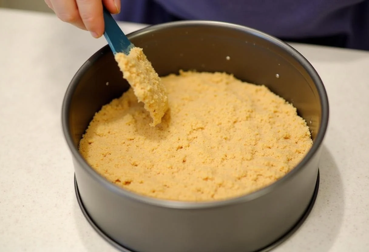 Base de galleta graham presionada en un molde de resorte para la tarta de queso y limón.