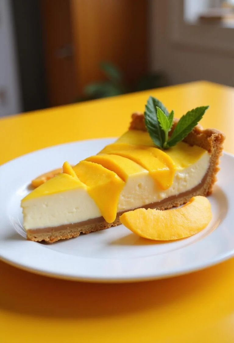 Porción de Tarta de Queso y Mango decorada con mango fresco y menta, lista para disfrutar.