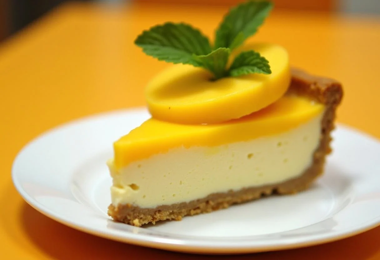 Porción de Tarta de Queso y Mango decorada con mango fresco y menta, lista para disfrutar.