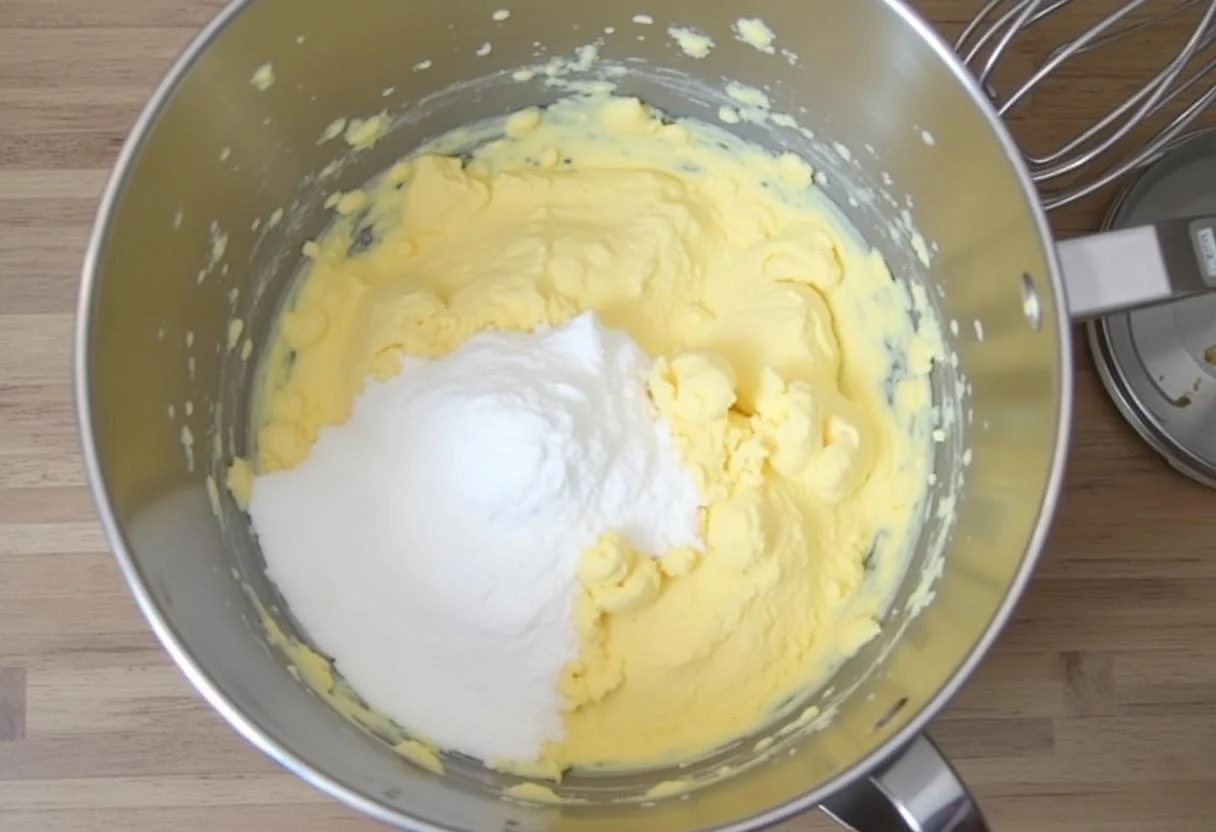Mezcla de queso crema y azúcar en un tazón para hacer Tarta de Queso y Mango.