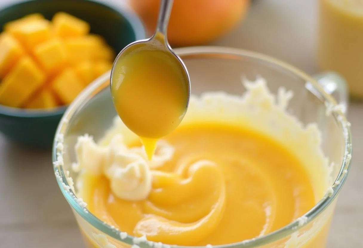 Agregado de puré de mango a la mezcla de queso crema para la Tarta de Queso y Mango.