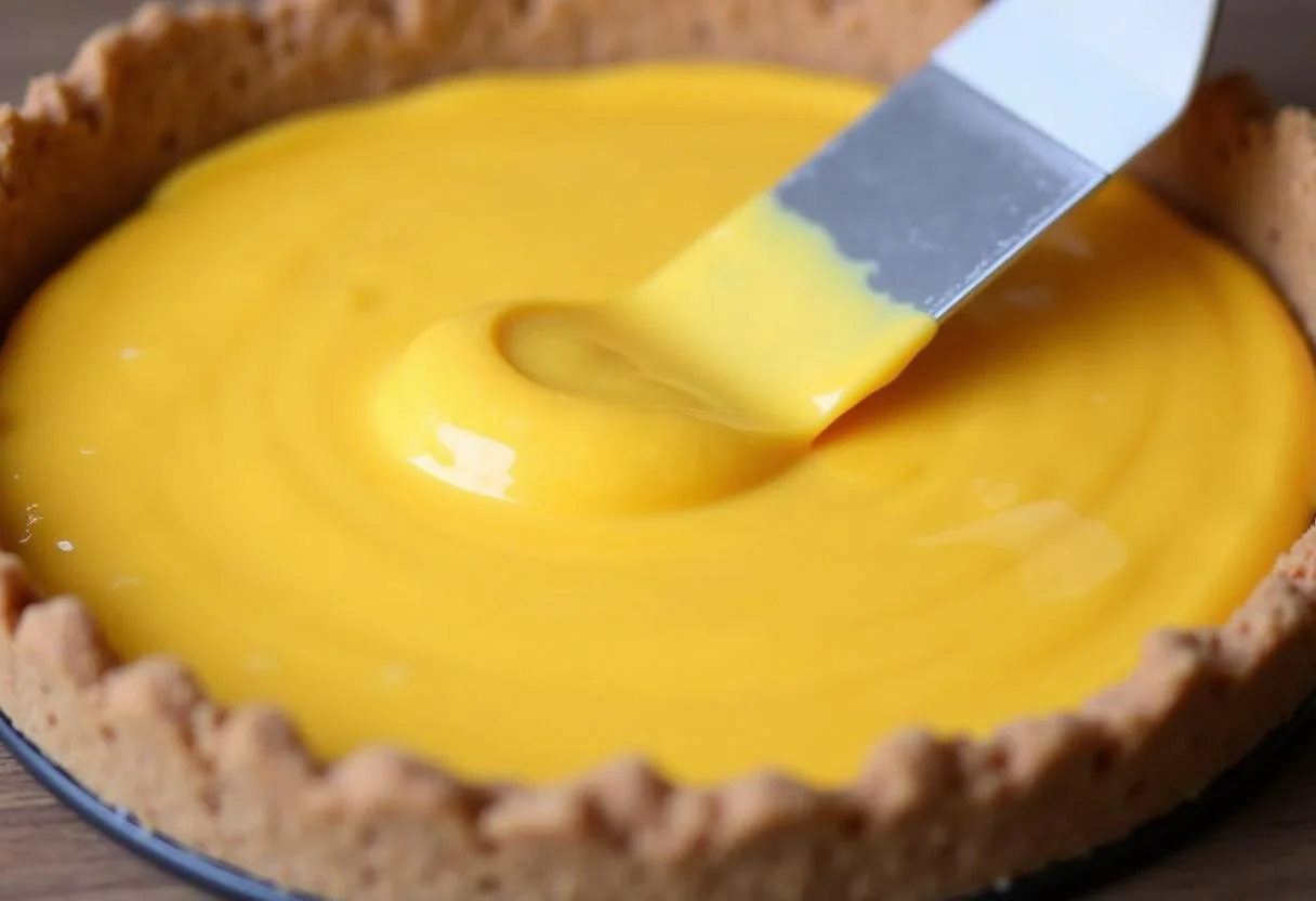 Rellenando la base de galleta con mezcla de queso crema y mango para la Tarta de Queso y Mango.