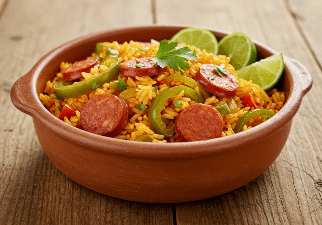 Delicious Arroz con Chorizo y Pimientos served in a bowl, perfect for a family meal.
