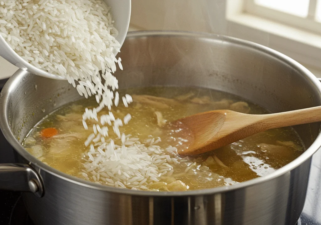 Rice and chicken broth being added to the pot for making Arroz con Chorizo y Pimientos.