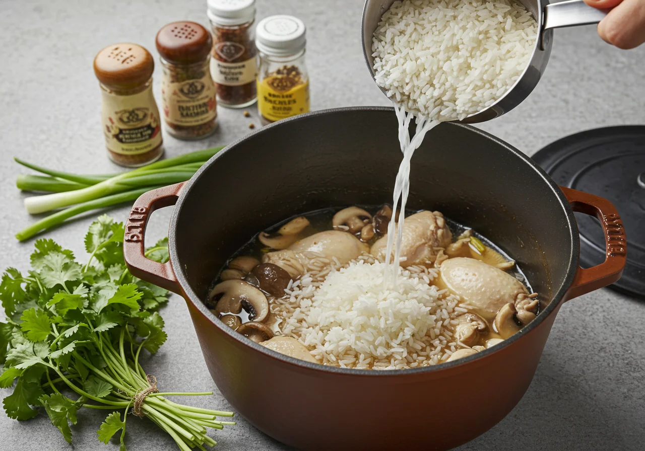 Rice added to the chicken and mushroom pot for the Arroz con Pollo y Champiñones recipe.
