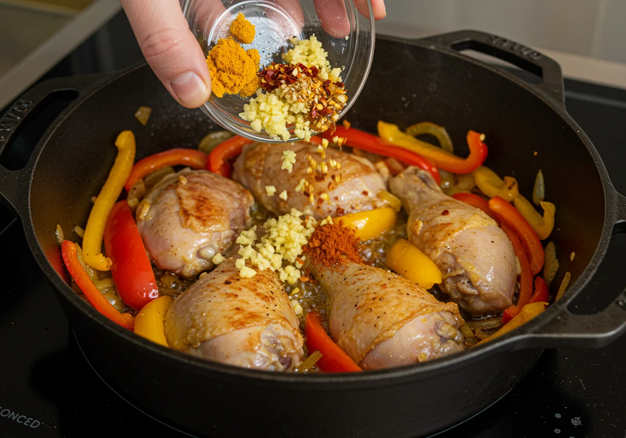 Adding garlic and spices to the sautéed chicken and peppers for Arroz con Pollo y Pimientos.