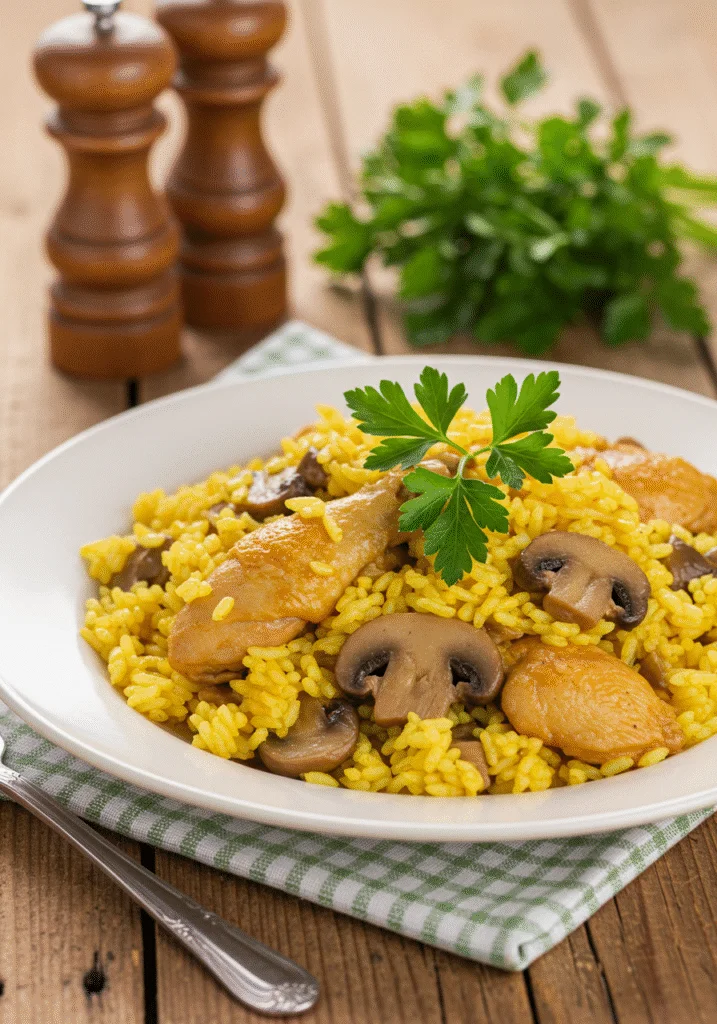 Finished Arroz con Pollo y Setas plated with colorful ingredients, ideal for a delicious meal.
