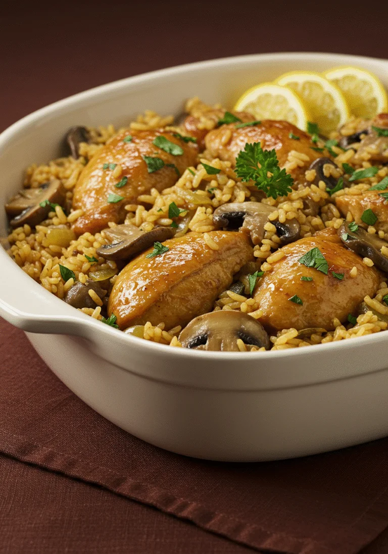 Plato final de Arroz con Pollo y Setas, decorado y listo para servir.
