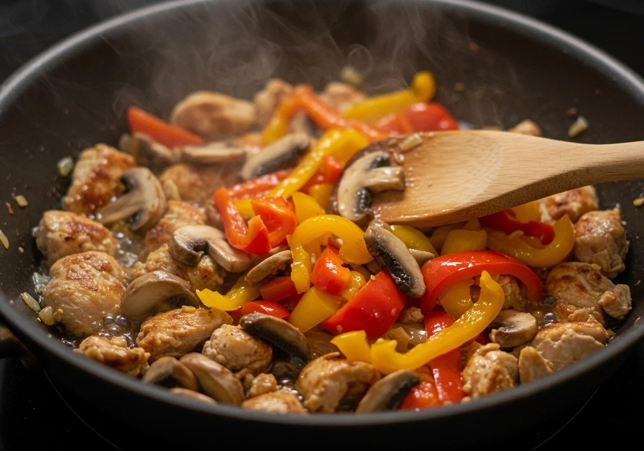 Champiñones y pimientos agregados a la mezcla de pollo en la preparación de Arroz con Pollo y Setas.