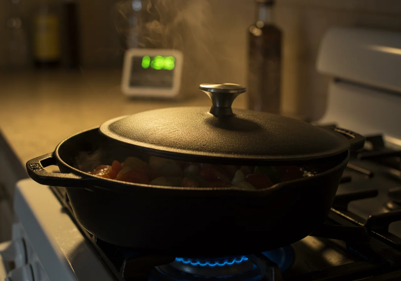 Sartén tapada cocinando a fuego lento Arroz con Pollo y Setas.