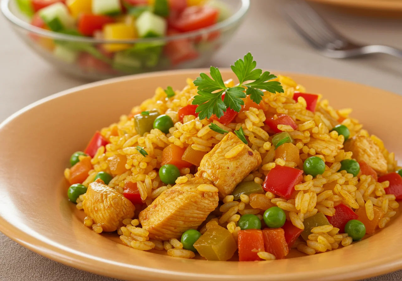 Finished Arroz con Pollo y Verduras garnished with parsley, ideal for a hearty meal.