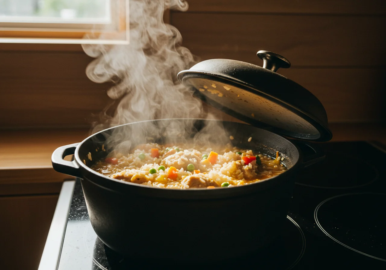 Cooking Arroz con Pollo y Verduras, with rice and vegetables simmering in the pot.