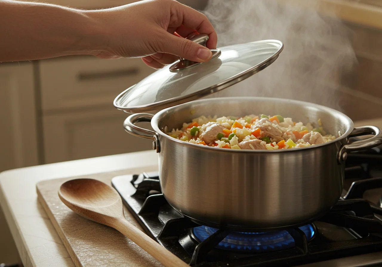 Pot of Arroz con Pollo y Verduras simmering on the stove with lid on.