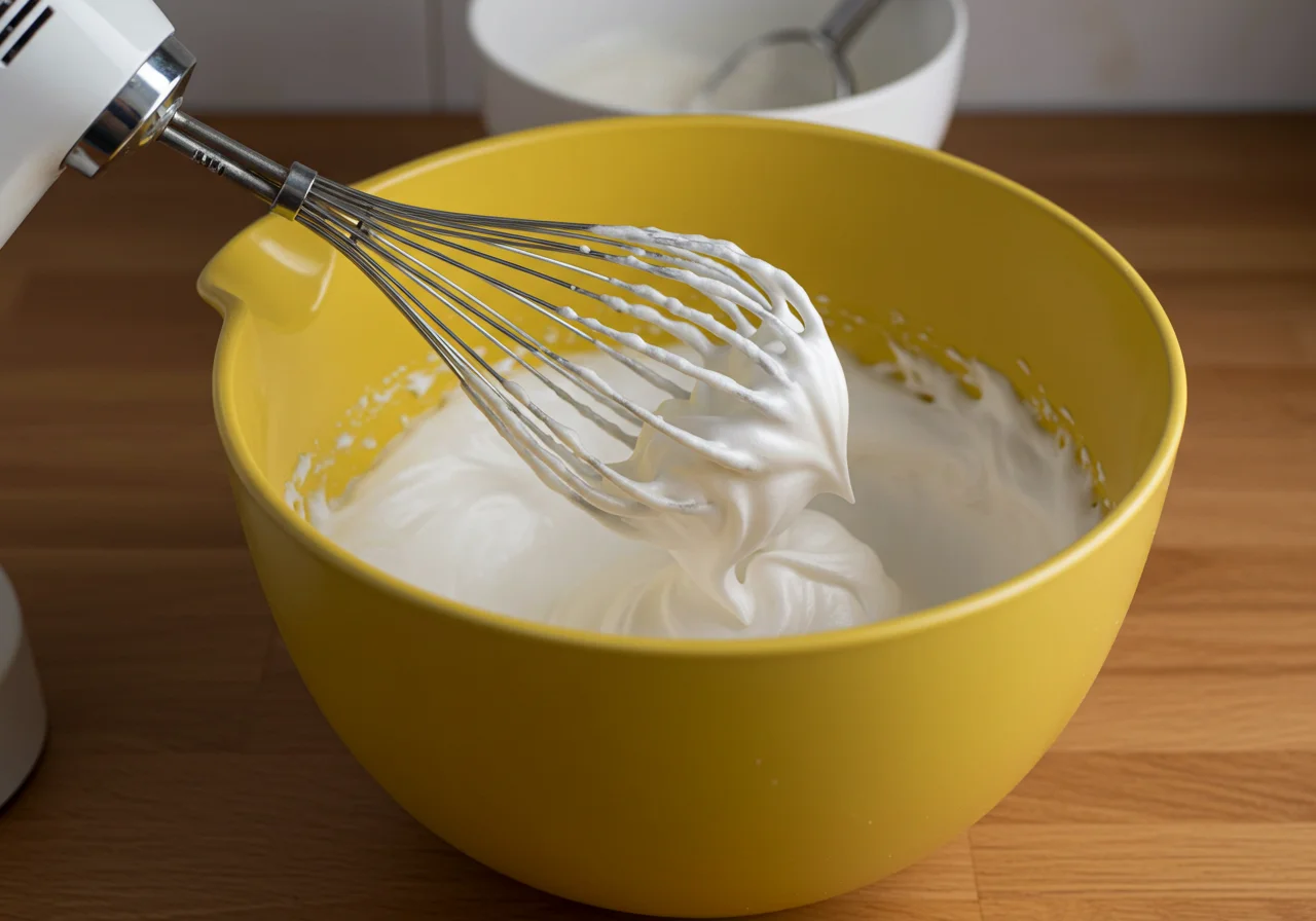 Whipping egg whites to perfection for a fluffy Bizcocho de Almendra Esponjoso.