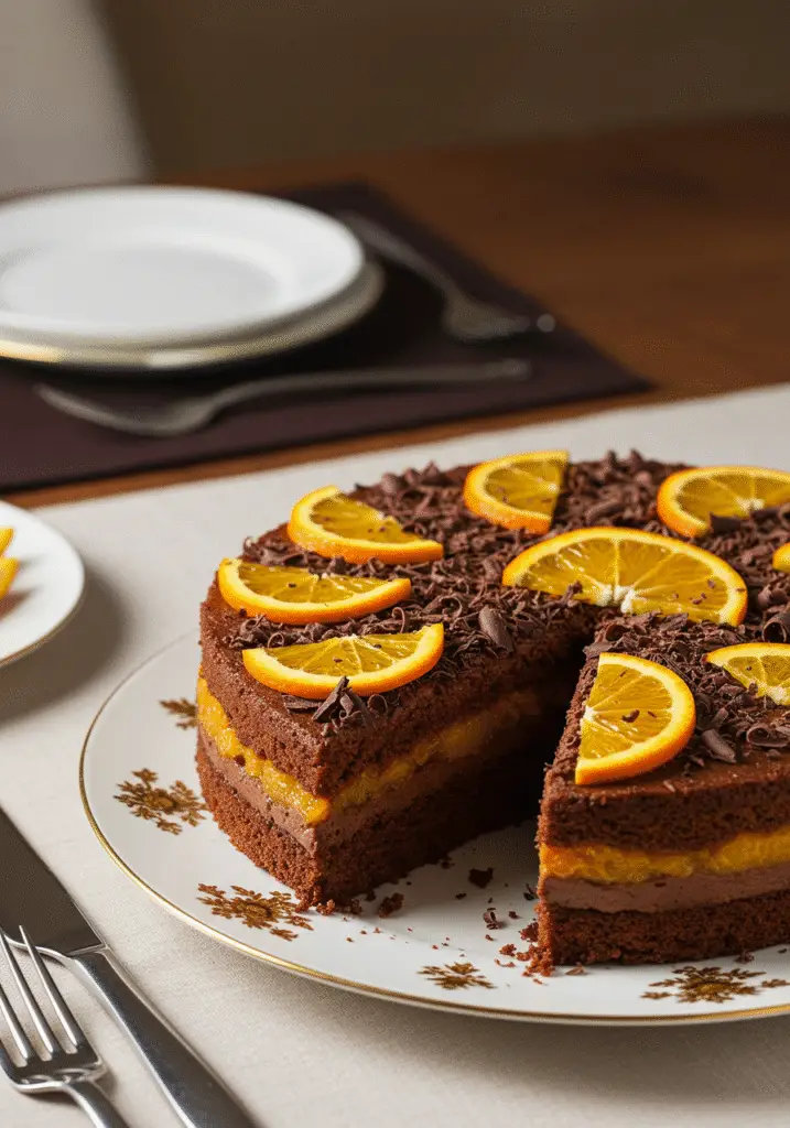 Bizcocho de chocolate y naranja decorado, perfecto para servir en celebraciones.